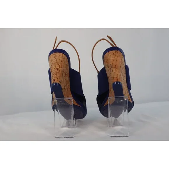 Isaac Mizrahi Navy Blue‎ Cork Wedge Sandals with Adjustable Tan Strap - Size 7W - Picture 4 of 9